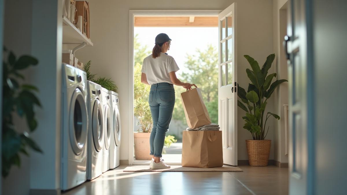 Friendly driver delivering freshly folded laundry